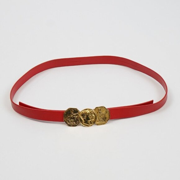 Vintage Red Belt Gold Tone Coin Buckle Adjustable Size S/M - Picture 3 of 5